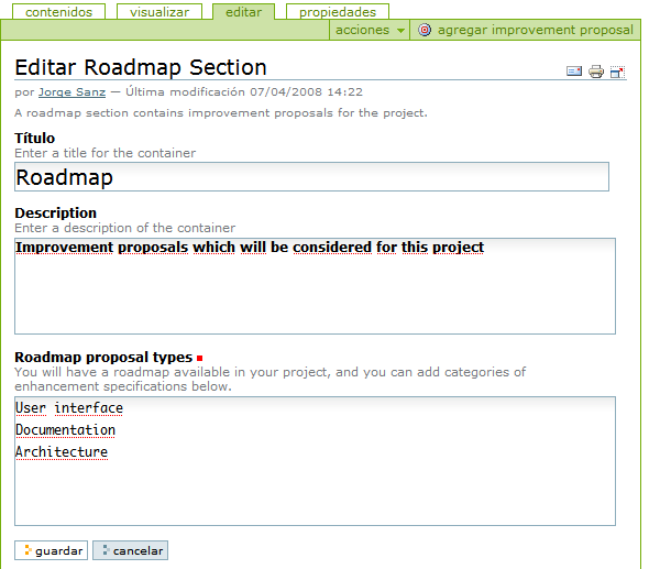 Editando las propiedades del roadmap
